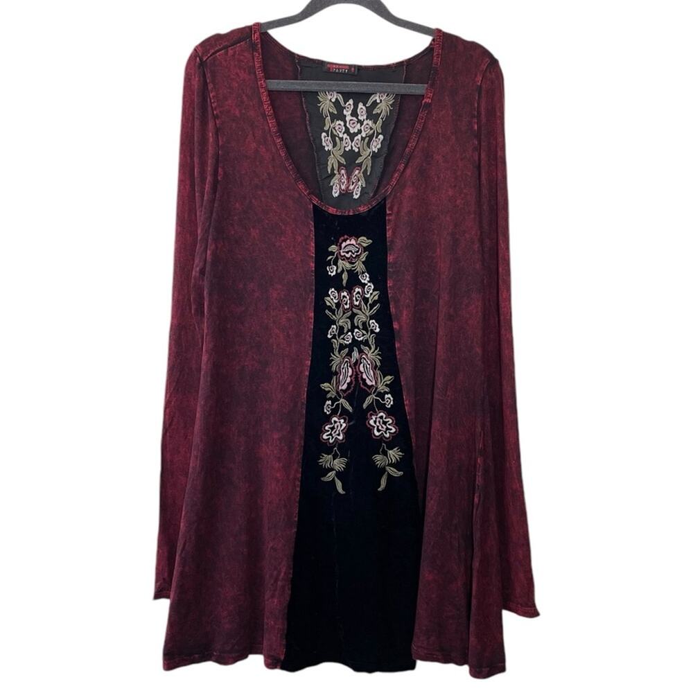 T Party Y2K Red Black Whimsygoth Velvet Embroidered Long Sleeve Tunic Large